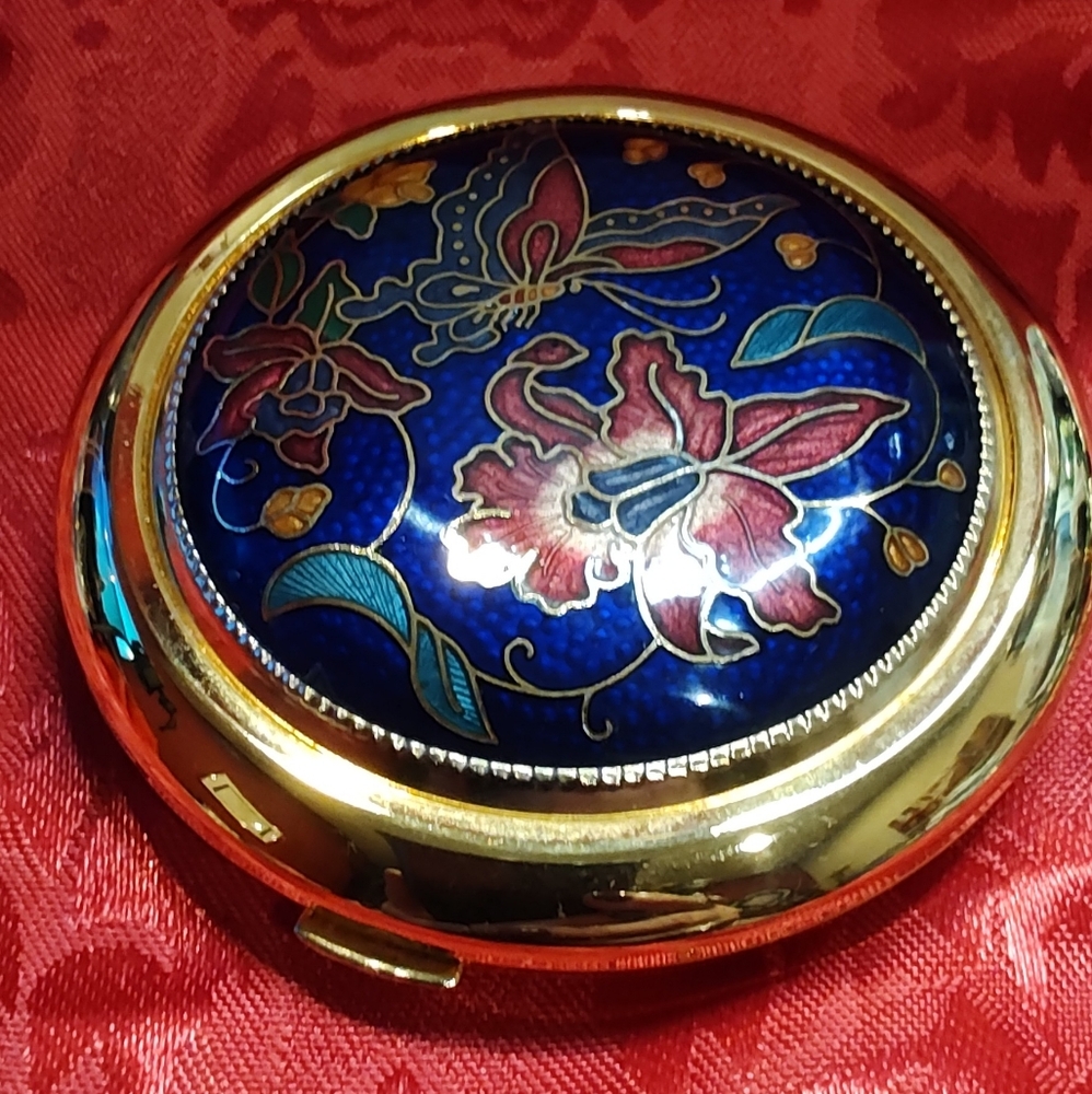 Vintage Blue Floral & Butterfly Cloisonne Powder Compact Mirror In Gold Tone